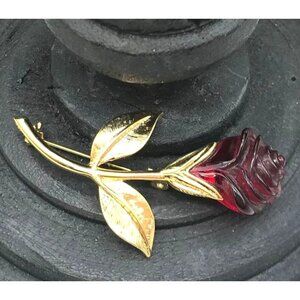 Vintage Gold Tone Red Rose Flower Brooch Pin 2" - Elegant Floral Jewelry